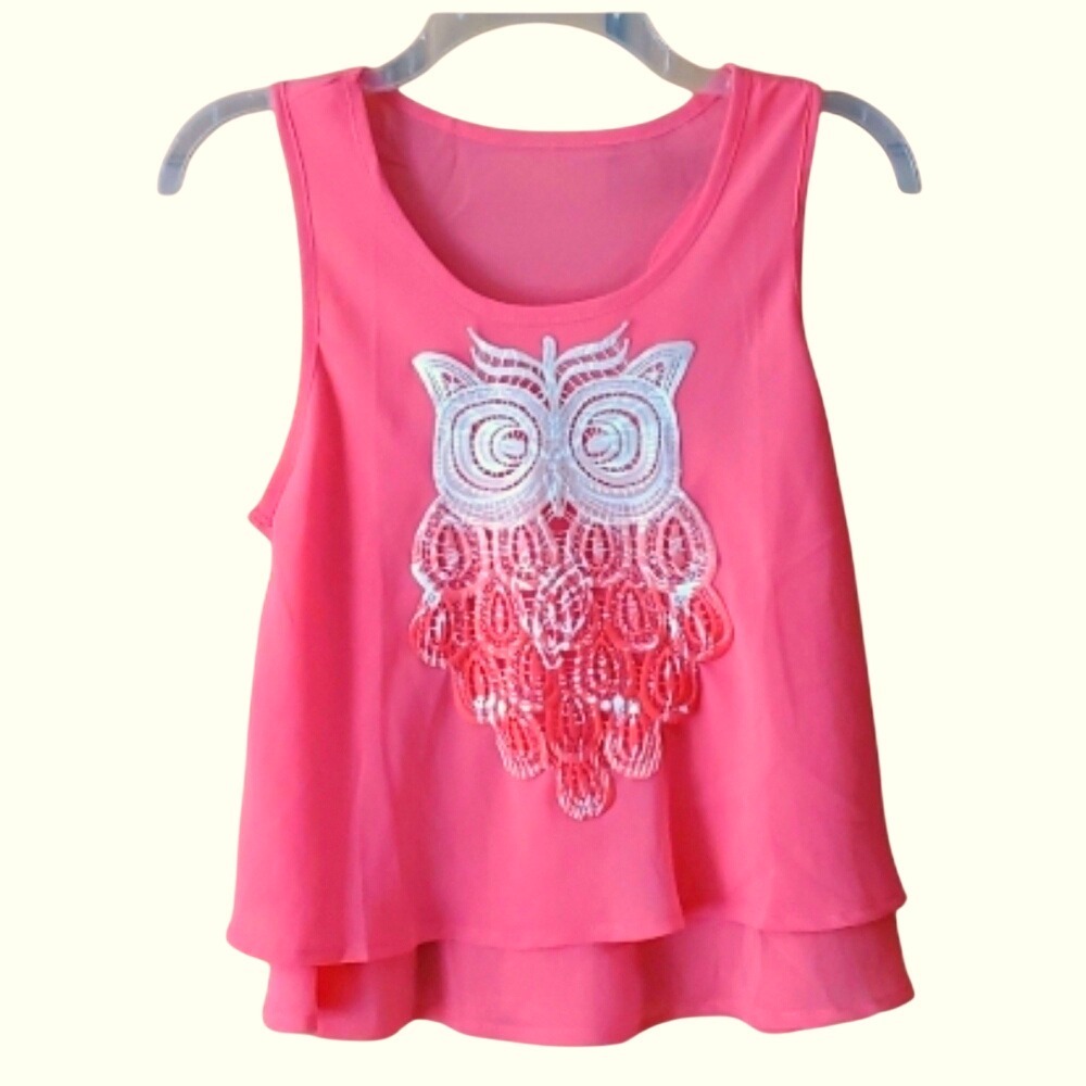 Womans Semi Sheer Coral Owl Lace Tank Top Size Junior Medium‎